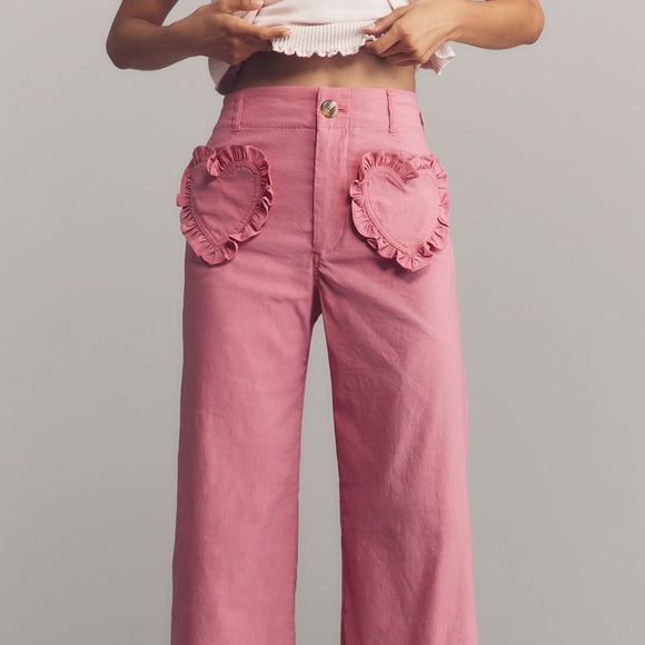 Anthropologie Colette Heart Pocket Wide Leg Cropped Pants Maeve Pink Valentines - Picture 3 of 7
